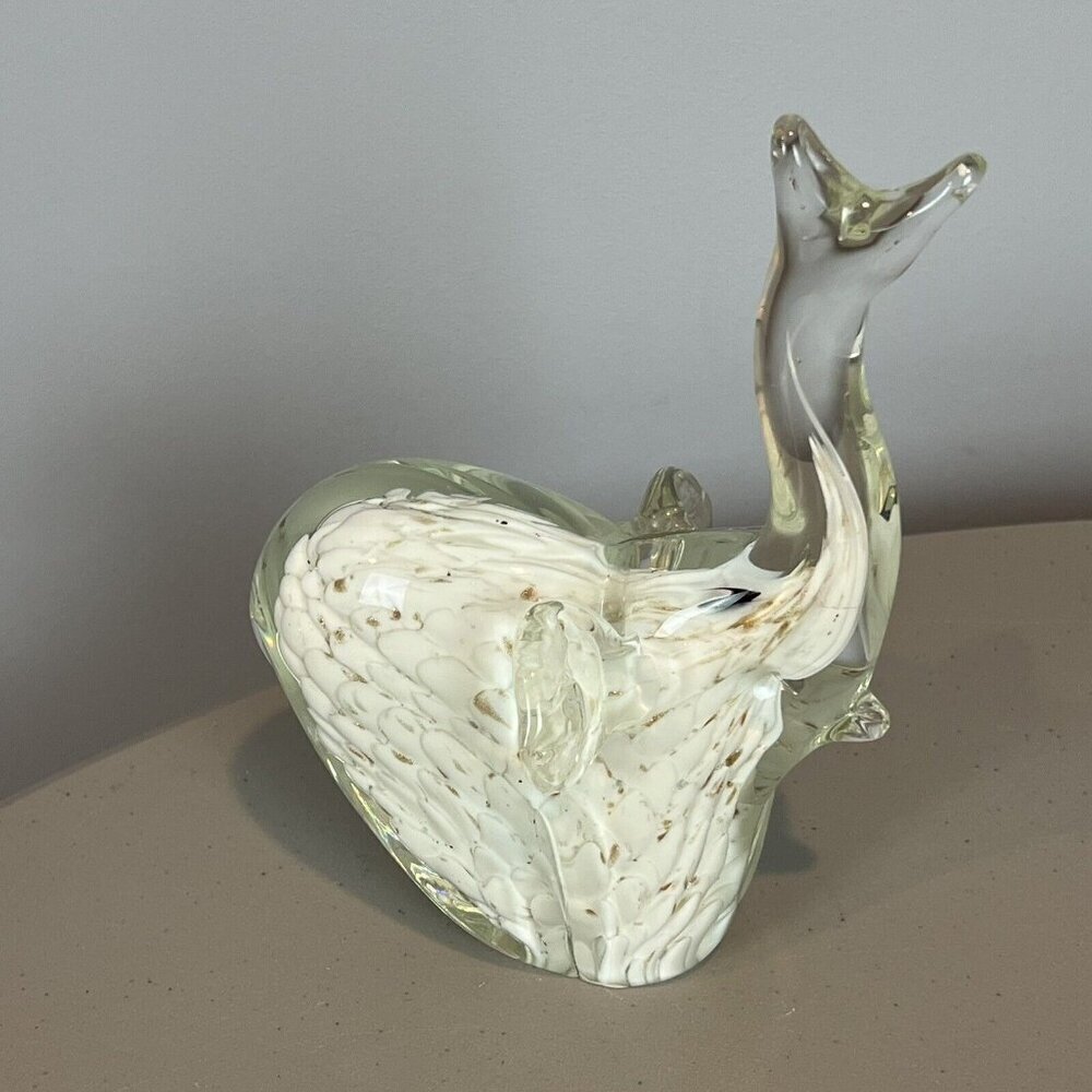 Elephant‎ Trunk Up Gold Flecks Dots in White Clear Glass Paperweight Heavy